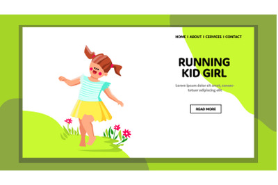 Kid Girl Running On Flower Field Outdoor Vector