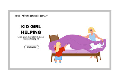 Kid Girl Helping Mother Cover Bed Housework Vector