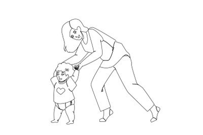 Baby Toddler Taking First Steps With Mother Vector