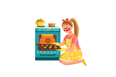 Woman Baker Baking Cookies In Kitchen Oven Vector