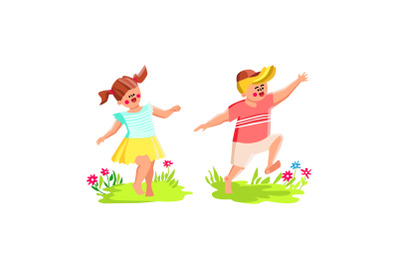 Barefoot Children Running On Flower Meadow Vector