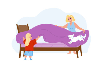 Mother And Daughter Make Bed With Bedsheet Vector