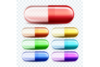 Medical Capsules Pills Different Color Set Vector