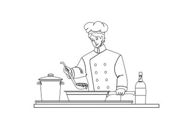 Chef Man Cooking On Restaurant Kitchen Vector