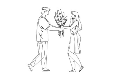 Boy Presenting Flowers To Girl With Love Vector