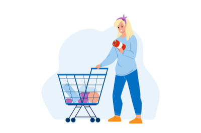 Customer With Market Cart Choosing Food Vector