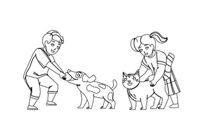 Kids Playing With Pets Together In Park Vector
