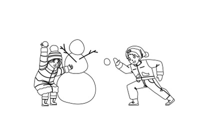 Kids Play With Winter Snow Balls Together Vector