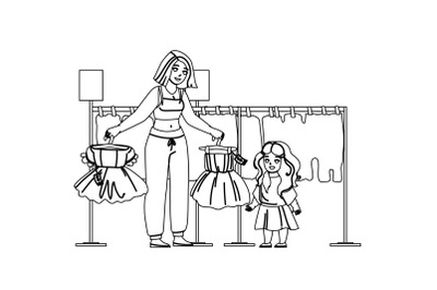 Girl Kid Shopping And Choose Dress In Store Vector