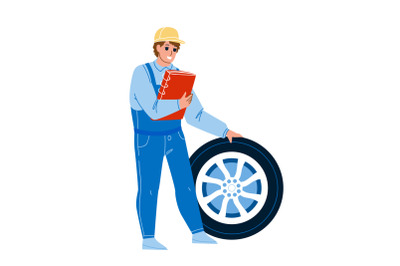 Mechanic Man Repair Flat Tire Car Wheel Vector