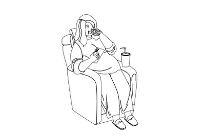 Overweight Girl Eat Fast Food In Armchair Vector