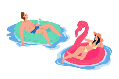 Man And Woman Couple Resting On Pool Party Vector