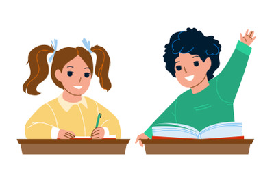 Pupils Boy And Girl Studying At School Desk Vector