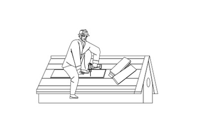 Roofer Installing Wooden Or Bitumen Shingle Vector