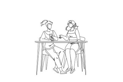 Girls Sitting At Table And Talking Together Vector