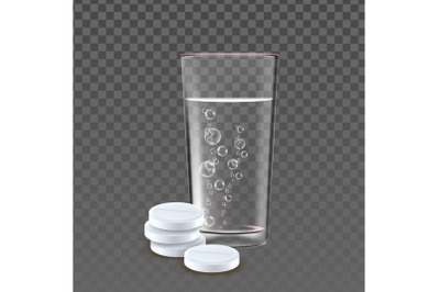 Pills Heap And Glass With Bubble Water Vector