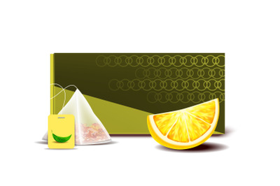 Tea Bag Blank Packaging And Lemon Piece Vector