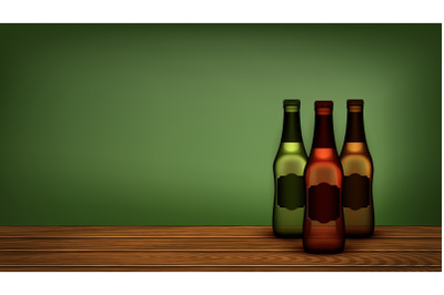 Beer Bottles On Wooden Shelf Copyspace Vector