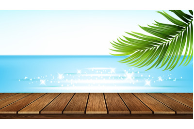 Seashore Wooden Pier, Sea And Tree Branch Vector