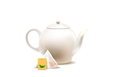 Teapot And Tea Bag For Prepare Hot Drink Vector