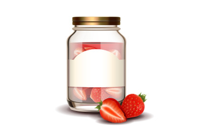 Glass Bottle With Strawberry Berries Jam Vector