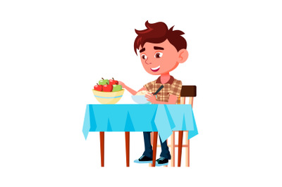 Boy Kid Eating Porridge And Apple At Table Vector