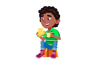 Boy Child Eating Sandwich And Drink Cocoa Vector