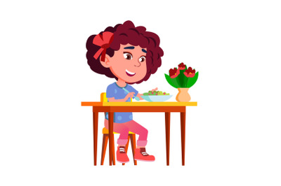 Girl Child Eating Vegetable Vitamin Salad Vector