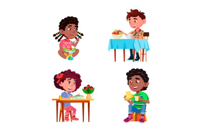 Children Eat Salad Healthy Natural Dish Set Vector