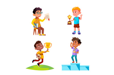 Boys Kids Celebrate Victory With Award Set Vector