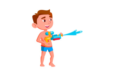 Boy Kid Playing With Water Gun On Beach Vector