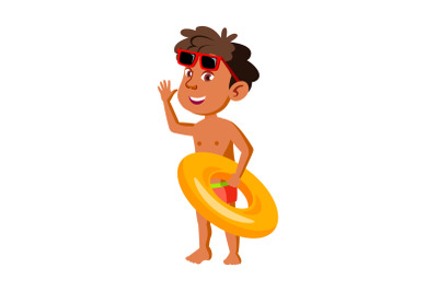 Boy Child With Lifebuoy Go To Swimming Pool Vector