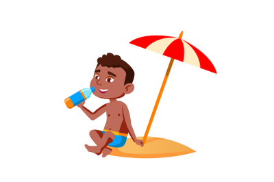 Boy Kid Sitting On Beach Under Umbrella Vector