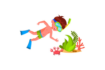 Boy Kid Swim And Research Underwater World Vector