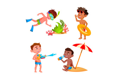 Boys Kids Vacation Activity On Beach Set Vector