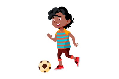 Boy Kid Kicking Soccer Ball On Stadium Vector