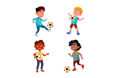 Boys Children Playing Soccer Sport Game Set Vector