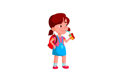 Girl Child Drink Cherry Juice From Package Vector