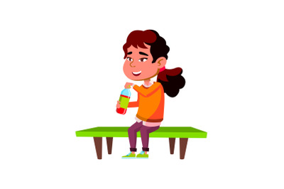 Girl Kid Drinking Soda Water On Park Bench Vector