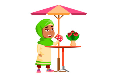 Girl Kid Drinking Tasty Tea At Cafe Table Vector