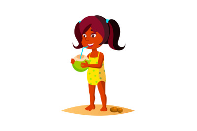 Girl Child Drink Coconut Cocktail On Beach Vector