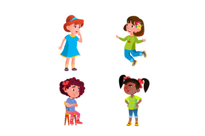 Girls Children Different Emotions Mood Set Vector