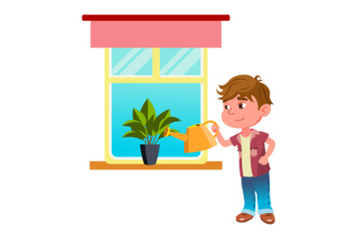 Boy Child Watering House Plant With Can Vector