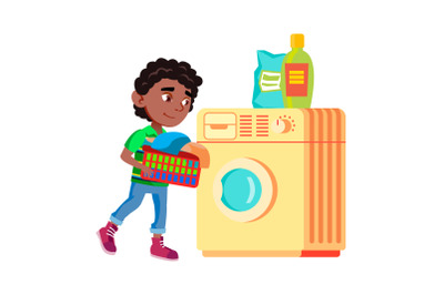 Boy Kid Doing Laundry In Washing Machine Vector