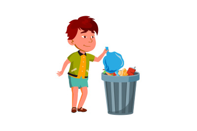 Boy Child Throwing Rubbish Into Dustbin Vector