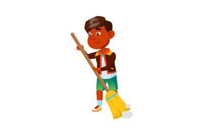 Boy Child Cleaning House Floor With Broom Vector