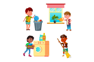 Boys Kids Cleaning And Doing Housework Set Vector