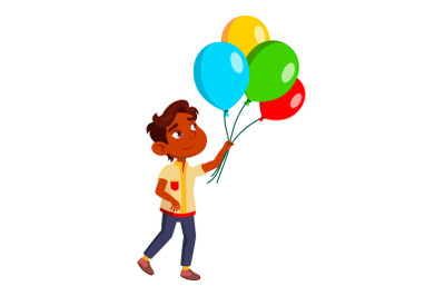 Boy Kid Walking And Looking At Air Balloons Vector