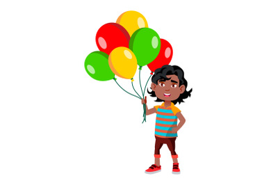 Boy Kid Standing With Multicolored Balloons Vector