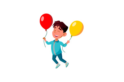 Boy Child Jumping With Helium Balloons Vector